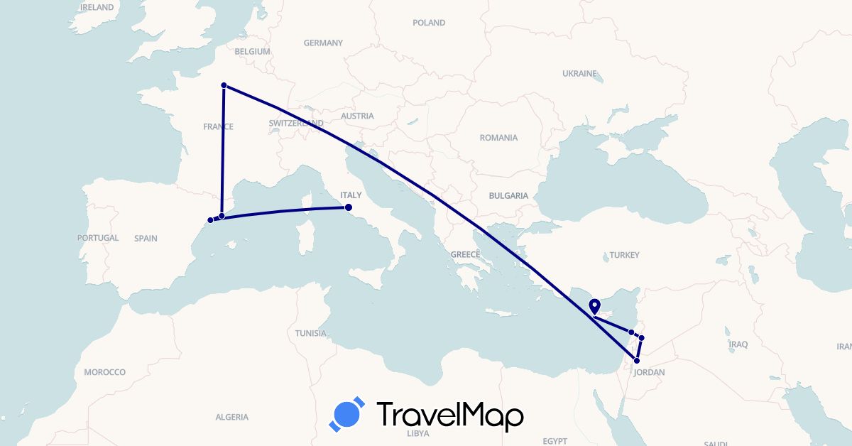 TravelMap itinerary: driving in Cyprus, Spain, France, Italy, Jordan, Lebanon, Syria (Asia, Europe)